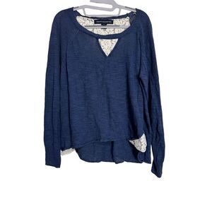 French Connection Top Womens S Blue Blouse Lace Trim LS  Keyhole TINY FLAW Linen